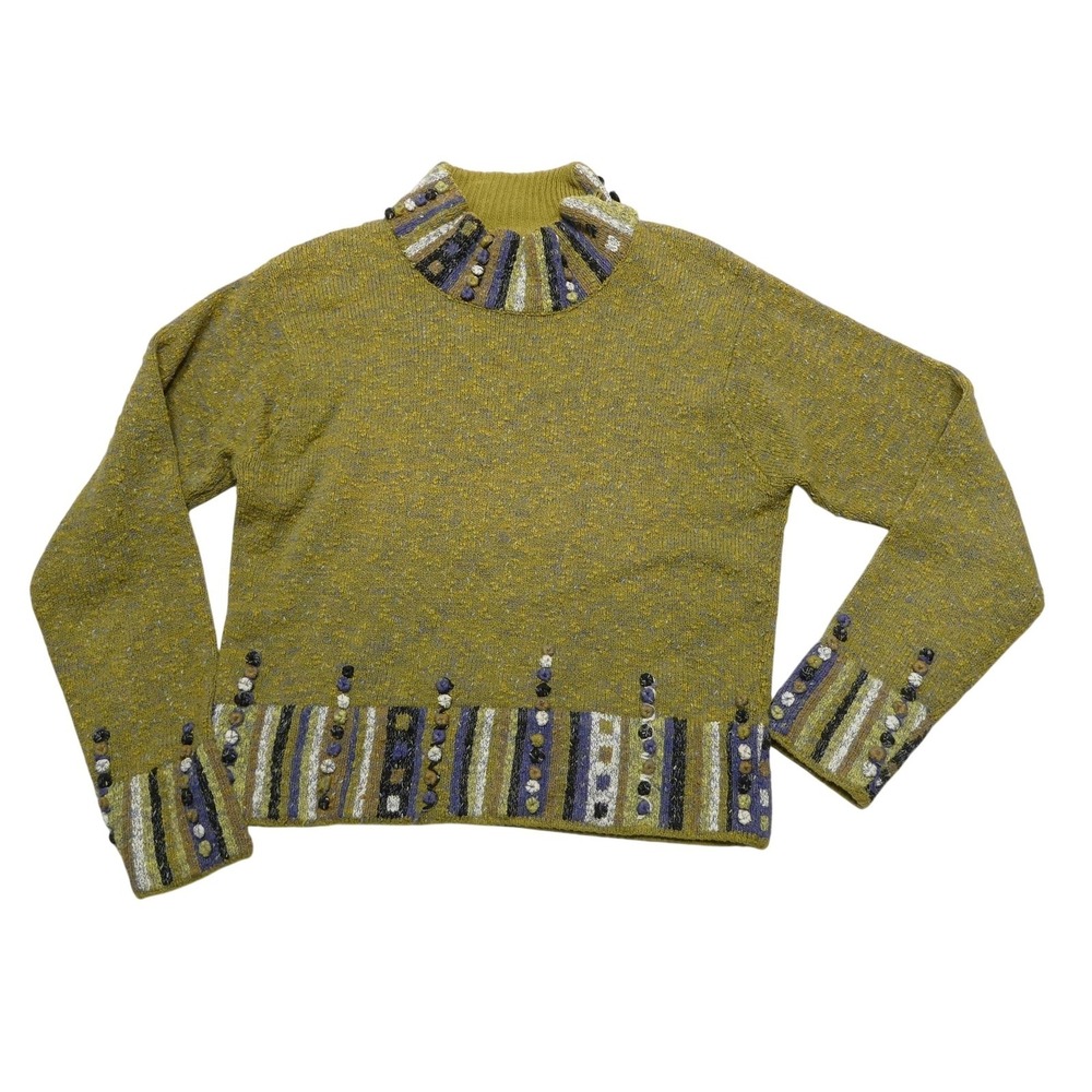 Icelandic Design Sweater Womens Small Green Cotton Blend Mock Neck Embellished